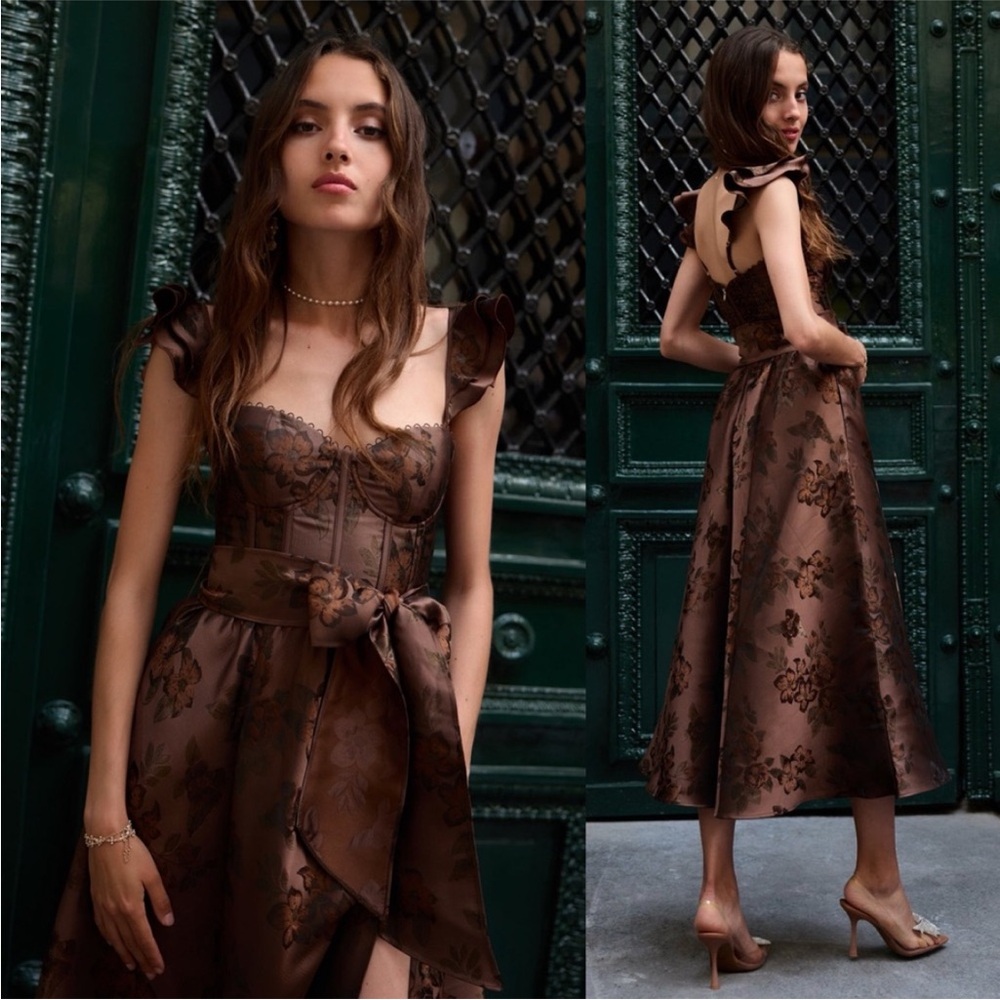 NWT V. Chapman The Vera Dress in Cocoa Baroque Floral Brown - Picture 4 of 17